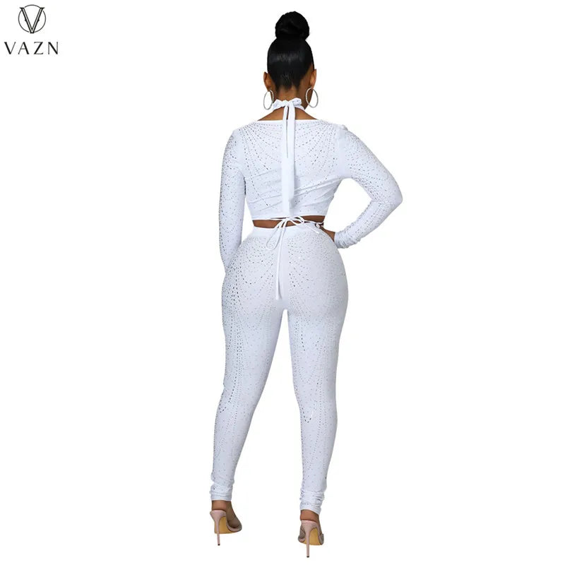 VAZN 2022 Women Suit Fashion Street Girl Style Sets Long Sleeve Short Top Zipper Long Pants Appliques Pure Color Two Piece Sets