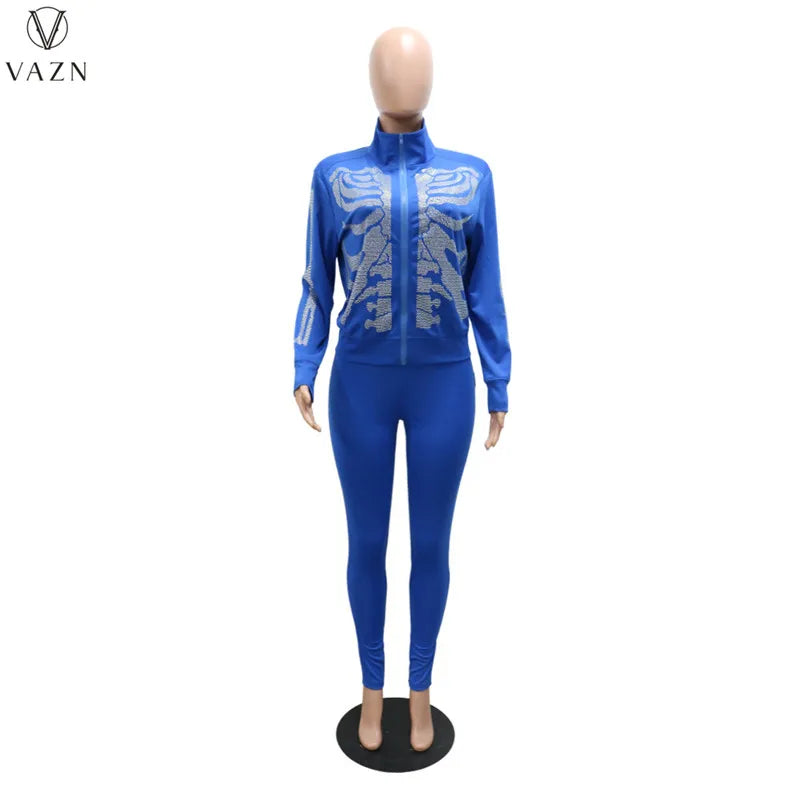 VAZN 2022 Printed Spring Women Suit New Street Casual Style New Long Sleeve Zipper Top Elastic Long Pants Two Piece Sets