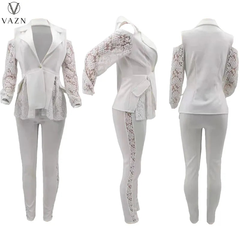 VAZN New 2021 Ladies Fashion Street Girl Style Women Suit Long Sleeve Lapel Top Elastic Long Pants Lace Two Piece Sets