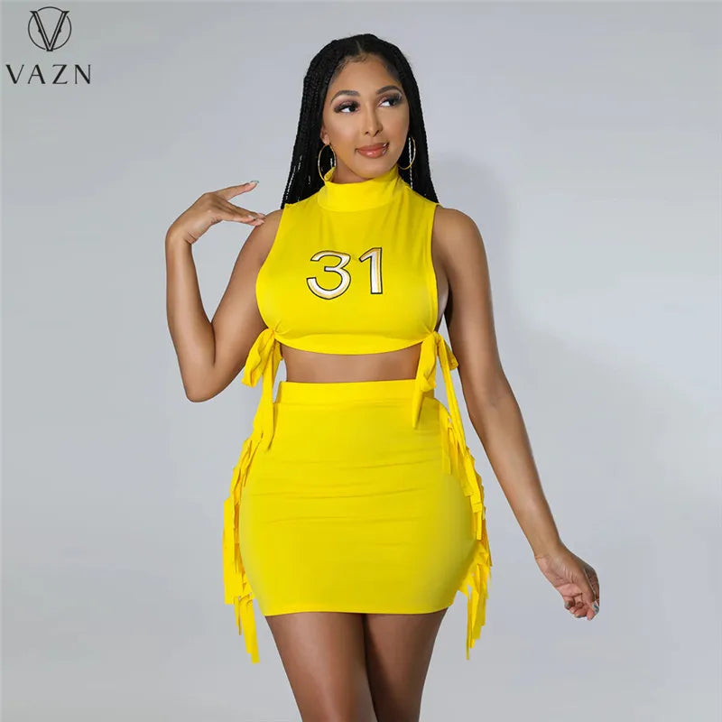 VAZN 2022 New Sexy Street Style Women Suit Sleeveless Vest Type Short Top Elastic Mini Short Skirt Two Piece Set