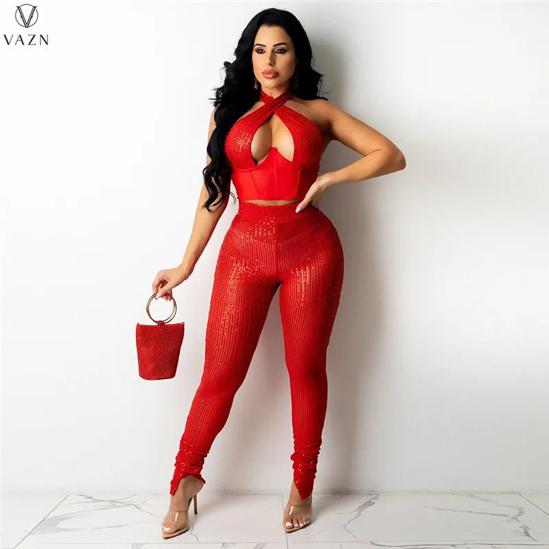 VAZN 2021 New Office Lady Sexy Holiday Style Sets Sleeveless Halter Top Elastic Long Pants Solid Two Piece Sets