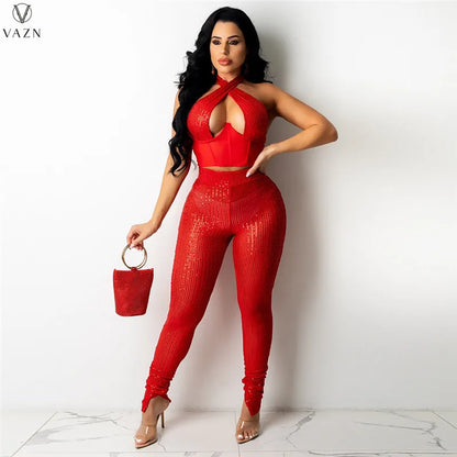 VAZN 2021 New Office Lady Sexy Holiday Style Sets Sleeveless Halter Top Elastic Long Pants Solid Two Piece Sets