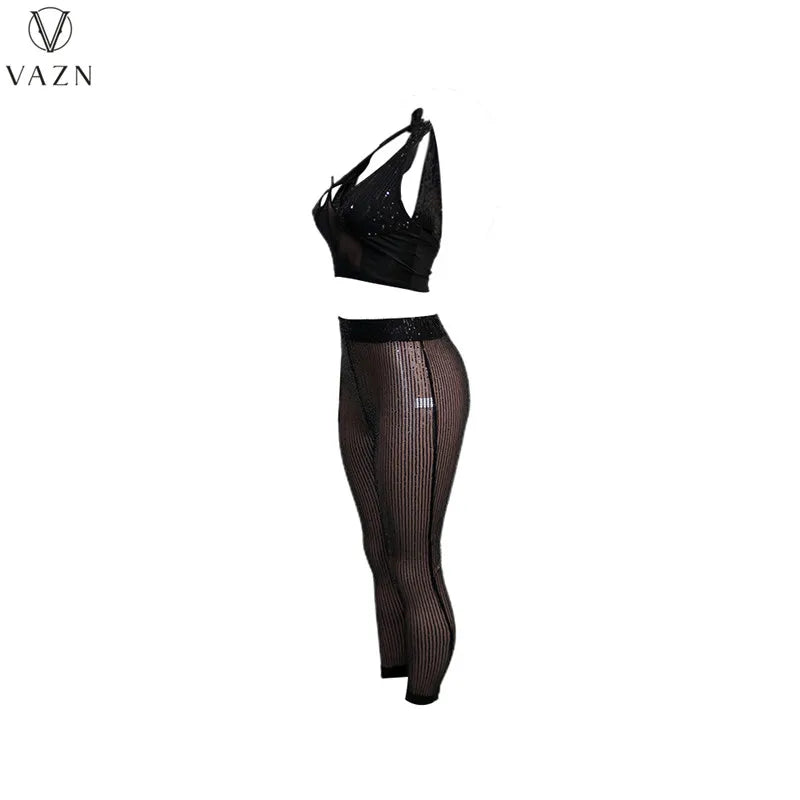 VAZN New 2022  Fashion Sexy Club Party Style Women Suit Sleeveless Dew Waist Elastic Long Pants Pure Color 2 Piece Sets