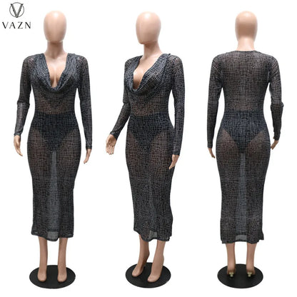 VAZN 2022 New Sexy Long Sleeve V Neck Dress Printed Mid Long Dress Fashion Lady Street Girl Style Long Dress