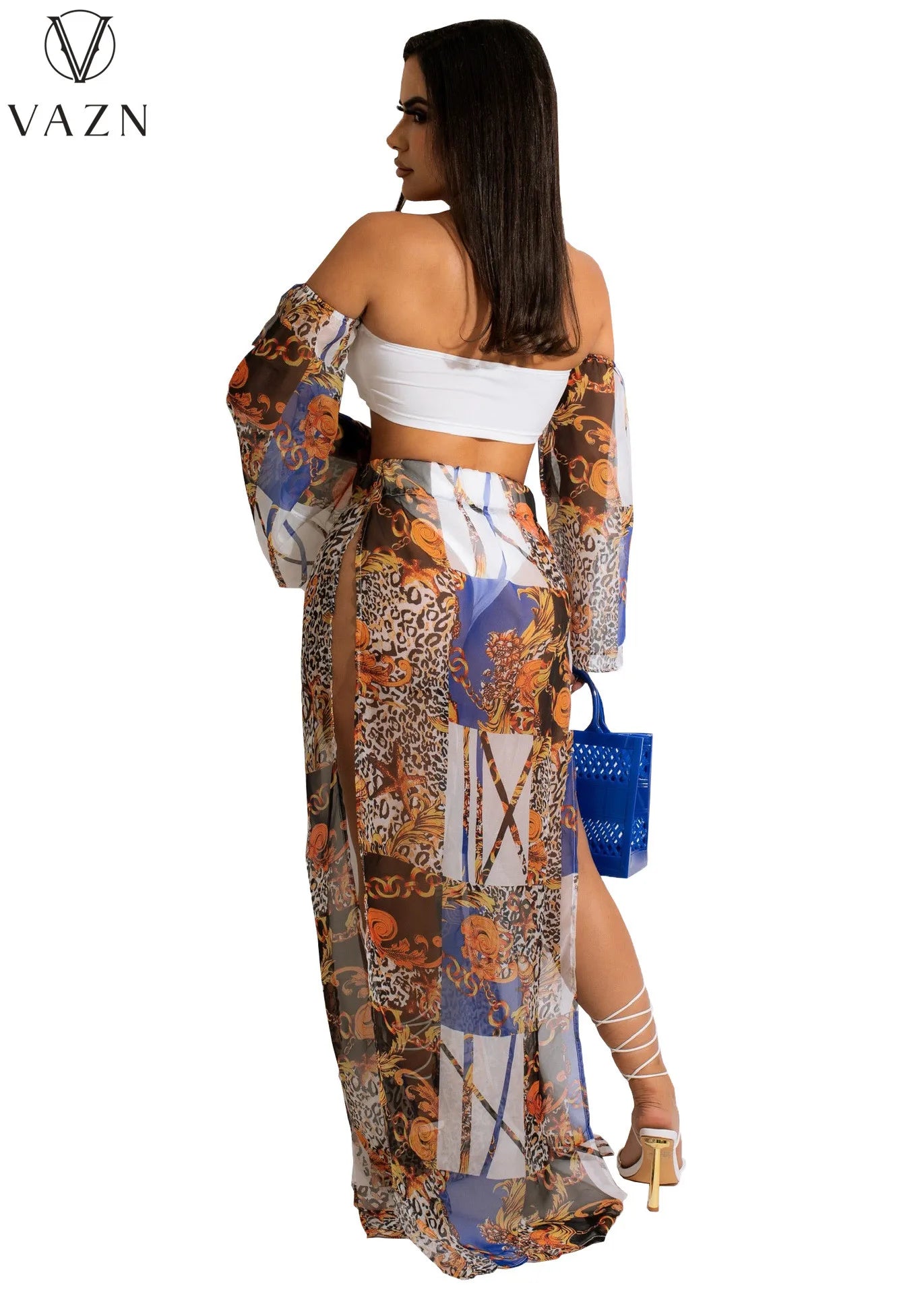 VAZN 2022 New Sexy Holiday Beach Style Women Suit Strapless Bikini Open Fork Floor Length Skirt Printed Sexy Three Piece Set