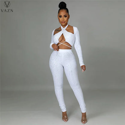 VAZN 2022 Women Suit Fashion Street Girl Style Sets Long Sleeve Short Top Zipper Long Pants Appliques Pure Color Two Piece Sets