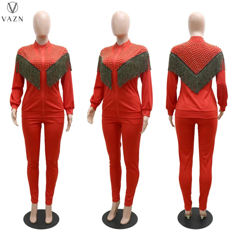 VAZN New 2021 Ladies Spring Fashion Street Casual Style Women Suit Long Sleeve Zipper Top Elastic Long Pants Two Piece Sets