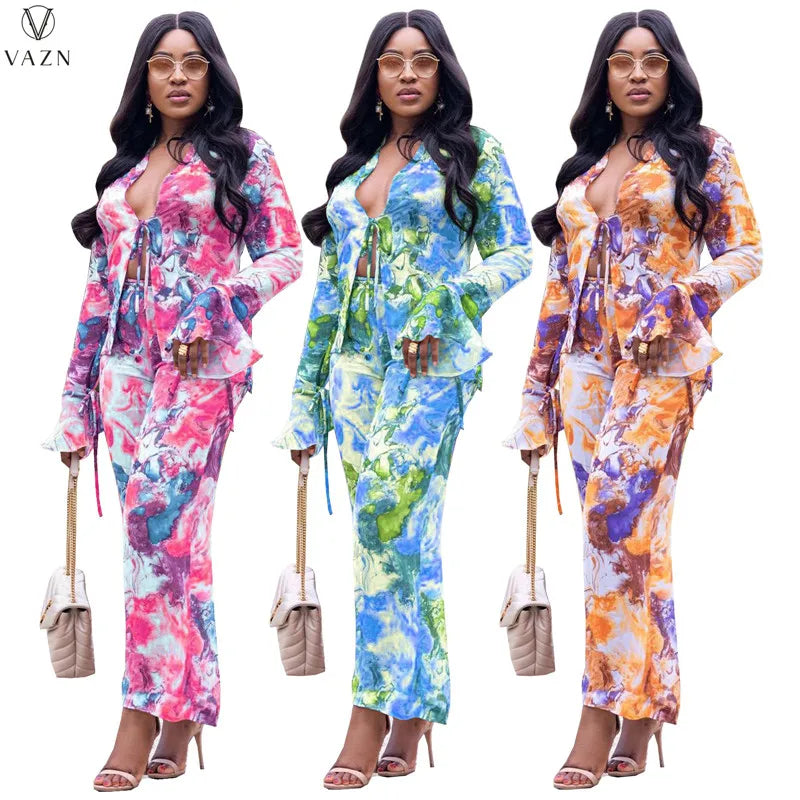 VAZN 2021 Women New Fashion Sexy Holiday Style Sets Sleeveless Strapless Short Top Elastic Long Pants Printed Two Piece Sets