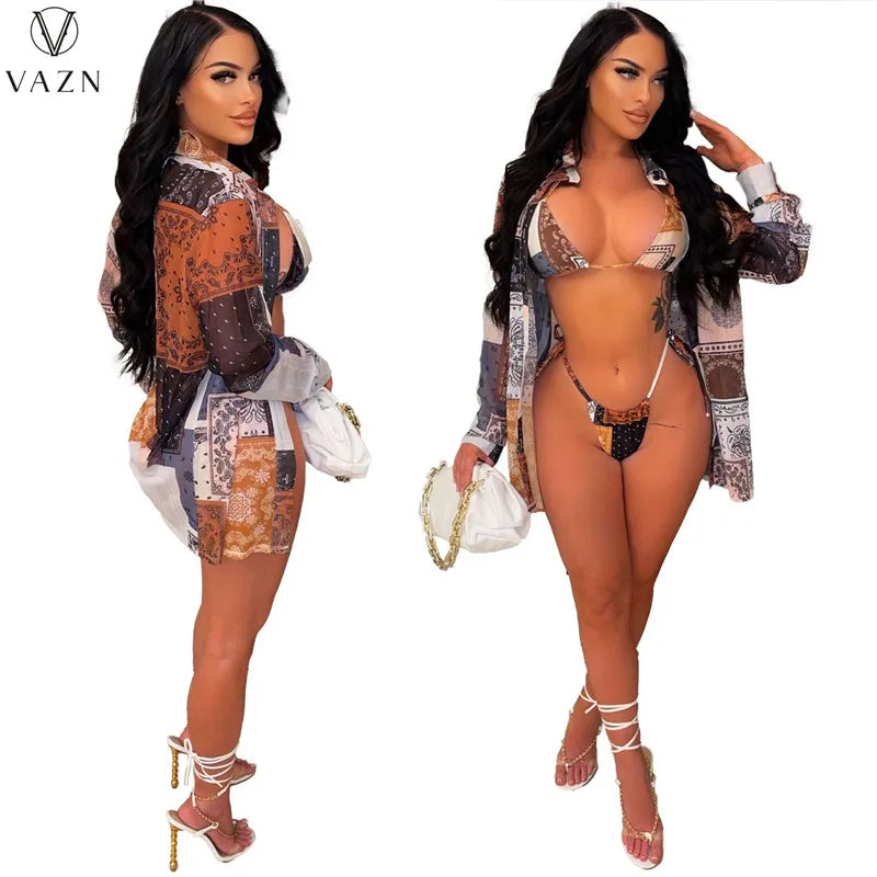 VAZN 2022 New Women Sexy Holiday Style Sets Sleeveless Short Top Elastic Short Pants Long Sleeve Outwear Printed 3 Piece Sets