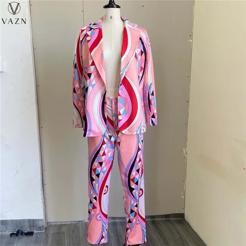 VAZN 2022 Printed Spring Women Suit New Street Casual Style New Long Sleeve Lapel Top Buttons Long Pants Two Piece Sets