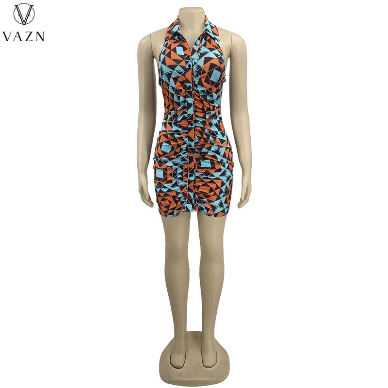 VAZN 2022 Dew Back New Fashion Women Sexy Street Style Short Dress Sleeveless Lapel Dress Printed Mini Short Dress