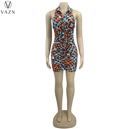 VAZN 2022 Dew Back New Fashion Women Sexy Street Style Short Dress Sleeveless Lapel Dress Printed Mini Short Dress