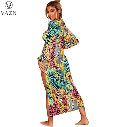 VAZN 2022 Sexy Holiday Beach Style Women Suit Sleeveless Hollow Out Jumpsuits Long Outwear Leopard Grain Lady 2 Piece Set