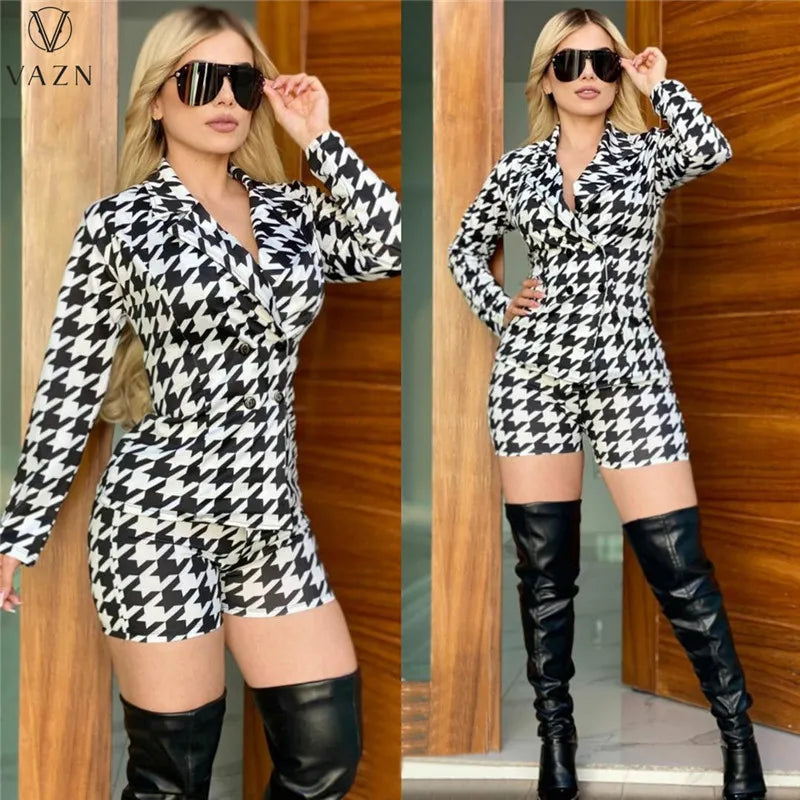 VAZN 2022 Plover Case Spring Women Suit New Street Girl Style New Long Sleeve Lapel Top Elastic Short Pants Two Piece Sets