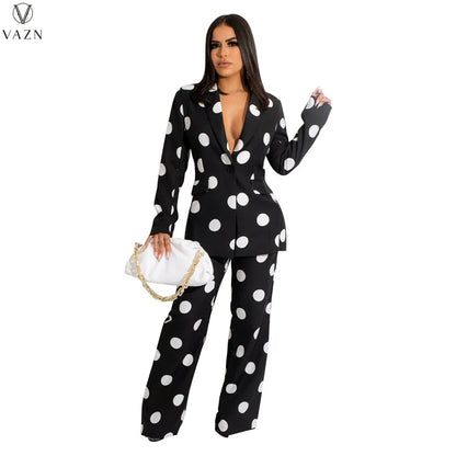 VAZN 2021 Fashion Women New Street Casual Style Sets Long Sleeve Lapel One Buttons Top Elastic Long Pants Printed Two Piece Sets