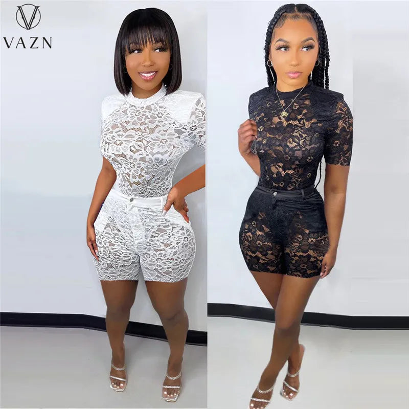 VAZN 2022 Lace Sexy Club Party Style Women Suit Short Sleeve Round Neck Top Buttons Short Pants Pure Color Lady 2 Piece Set