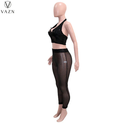 VAZN New 2022  Fashion Sexy Club Party Style Women Suit Sleeveless Dew Waist Elastic Long Pants Pure Color 2 Piece Sets