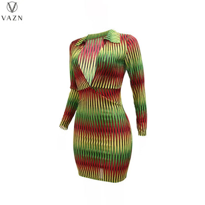 VAZN 2022 New Fashion Women Casual Girl Style Short Dress Long Sleeve Lapel Dress Zipper Printed Mini Short Dress