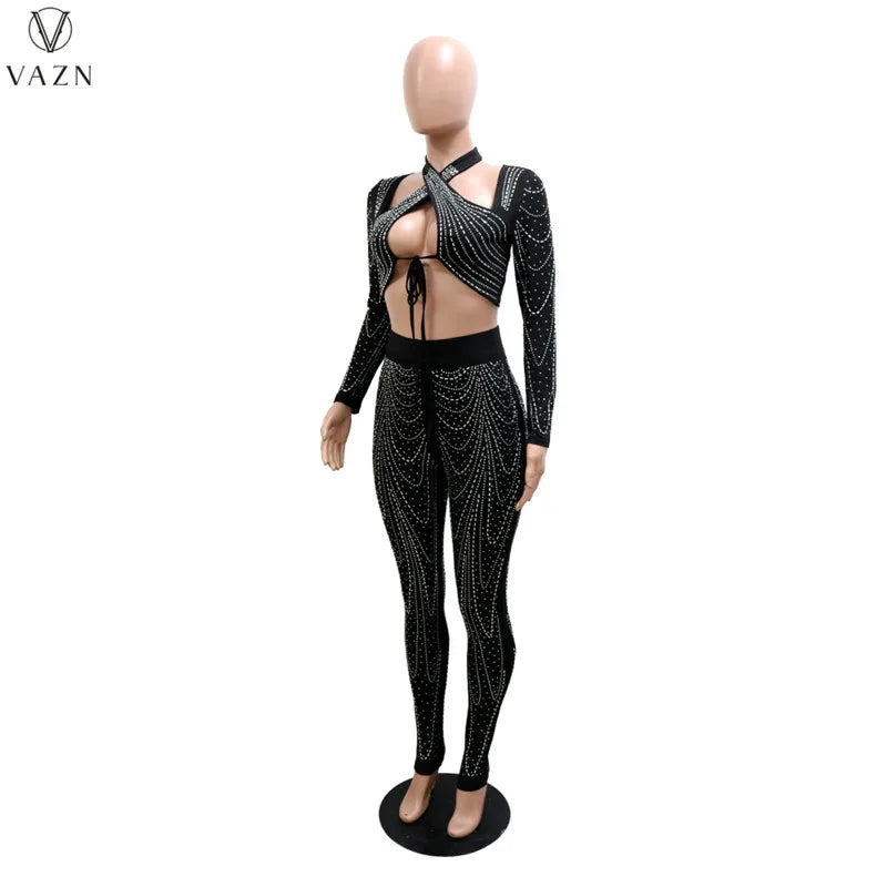 VAZN 2022 Women Suit Fashion Street Girl Style Sets Long Sleeve Short Top Zipper Long Pants Appliques Pure Color Two Piece Sets