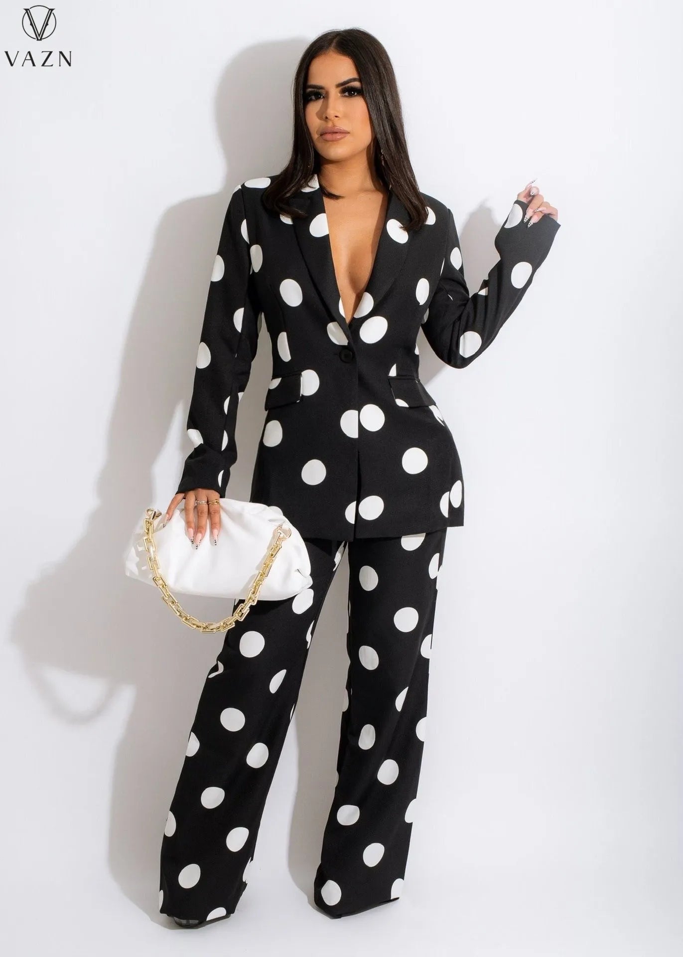 VAZN 2021 Fashion Women New Street Casual Style Sets Long Sleeve Lapel One Buttons Top Elastic Long Pants Printed Two Piece Sets