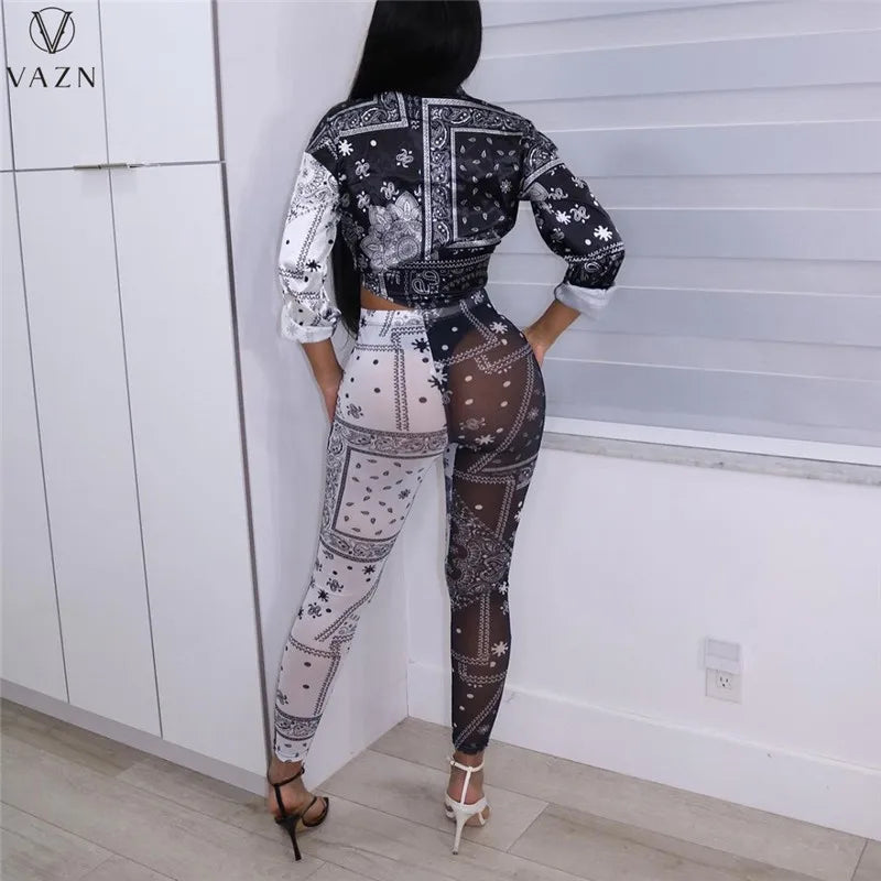 VAZN 2022 Women Suit Fashion Street Casual Style Sets Long Sleeve Lapel Top Elastic Long Pants Printed Two Piece Sets