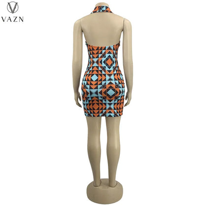 VAZN 2022 Dew Back New Fashion Women Sexy Street Style Short Dress Sleeveless Lapel Dress Printed Mini Short Dress