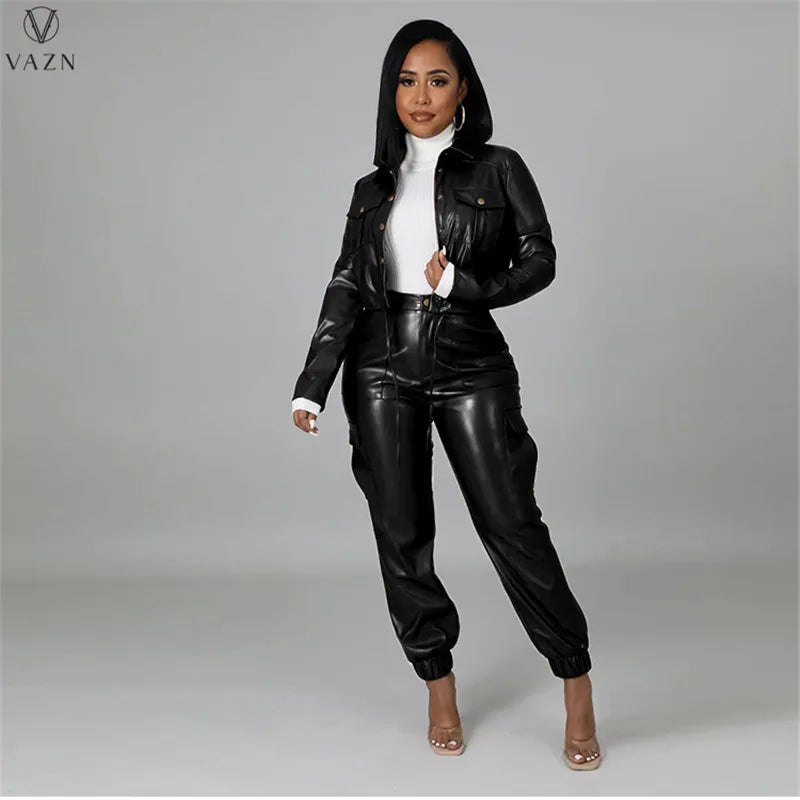 VAZN 2022 Women Fashion Hot Sale Street Casual Style Sets Long Sleeve Lapel Top Buttons Long Pants Pure Color Women Suit