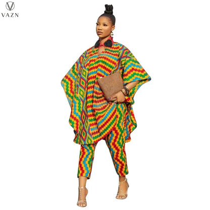 VAZN New 2021 Ladies Spring Fashion Street Casual Style Women Suit Long Sleeve Lapel Top Elastic Long Pants Printed Sets