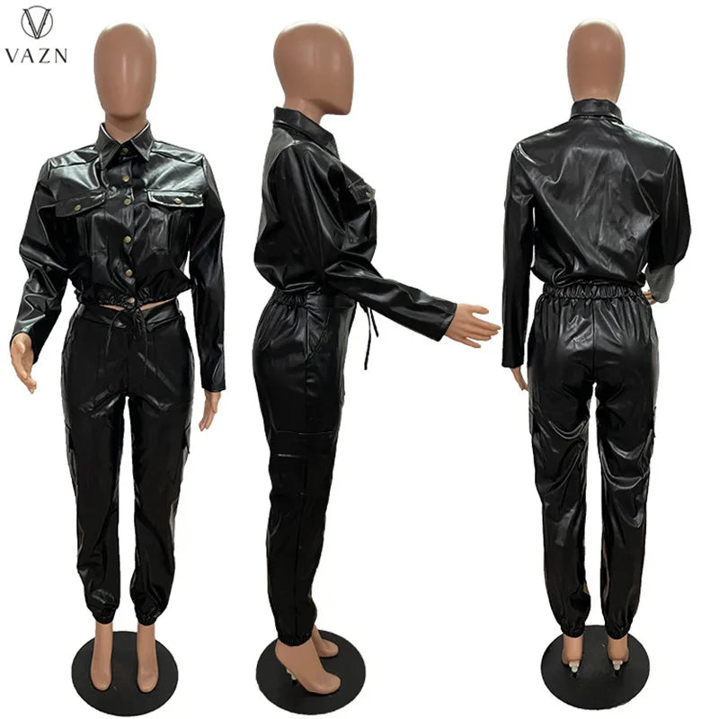 VAZN 2022 Women Fashion Hot Sale Street Casual Style Sets Long Sleeve Lapel Top Buttons Long Pants Pure Color Women Suit