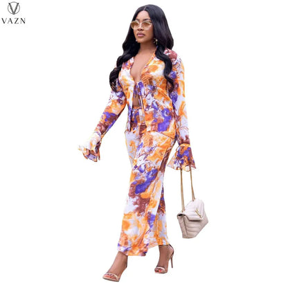 VAZN 2021 Women New Fashion Sexy Holiday Style Sets Sleeveless Strapless Short Top Elastic Long Pants Printed Two Piece Sets