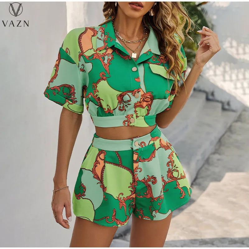 VAZN 2022 Street Casual Style Women Suit Short Sleeve Lapel Short Top Buttons Short Pants Printed Lady Two Piece Sets