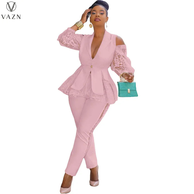 VAZN New 2021 Ladies Fashion Street Girl Style Women Suit Long Sleeve Lapel Top Elastic Long Pants Lace Two Piece Sets