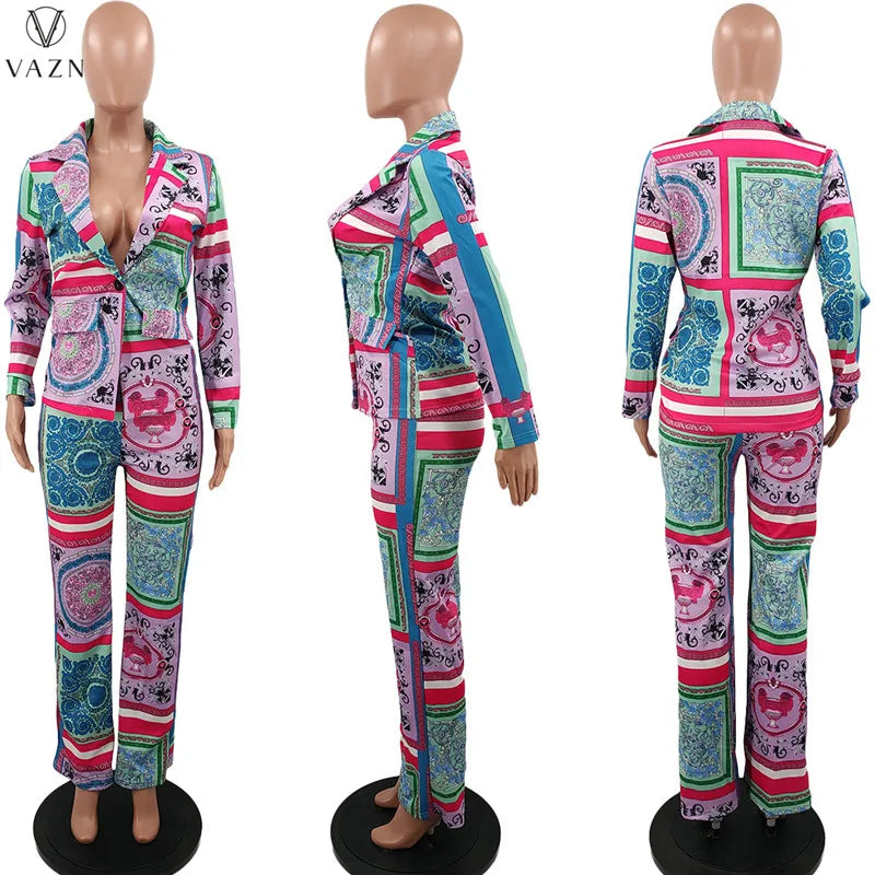 VAZN New 2021 Ladies Spring Fashion Street Casual Style Women Suit Long Sleeve Lapel Top Elastic Long Pants Printed Sets