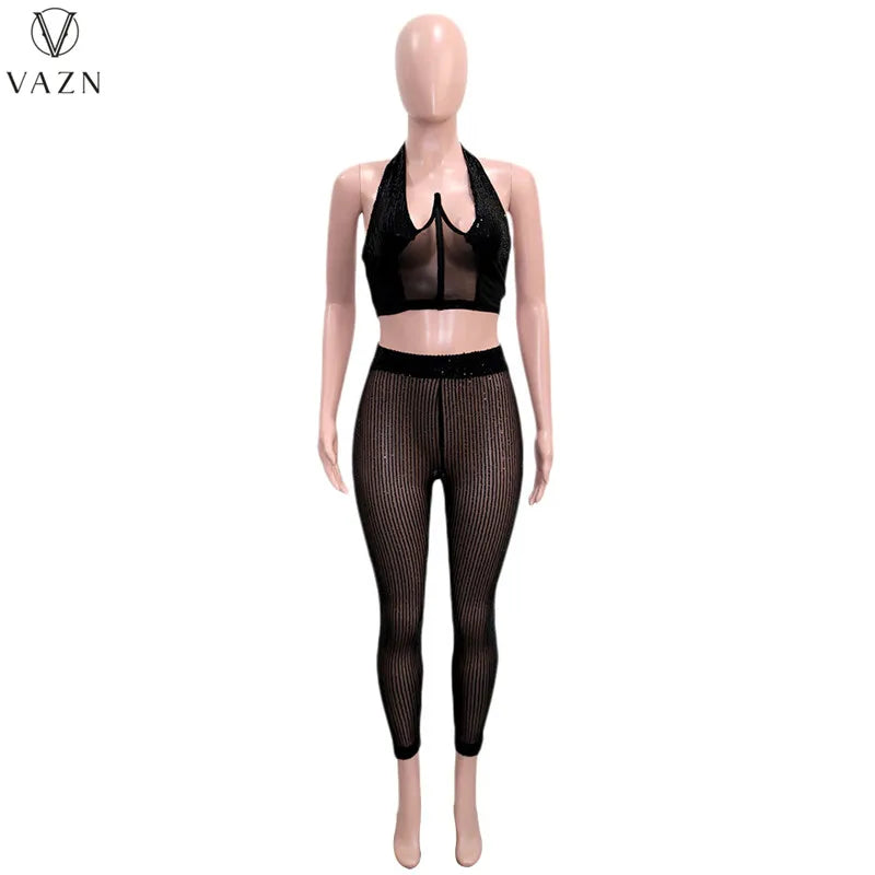 VAZN New 2022  Fashion Sexy Club Party Style Women Suit Sleeveless Dew Waist Elastic Long Pants Pure Color 2 Piece Sets