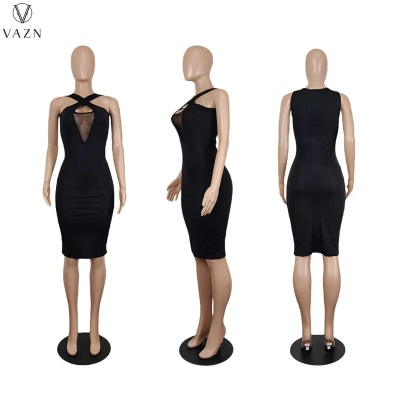 VAZN 2022 Pure Color Lady Dress Women Fashion New Street Girl Style Long Dress Sleeveless V Neck Mid Long Dress