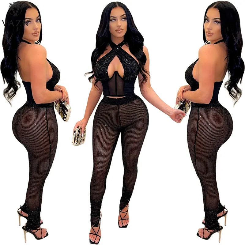 VAZN New 2022  Fashion Sexy Club Party Style Women Suit Sleeveless Dew Waist Elastic Long Pants Pure Color 2 Piece Sets