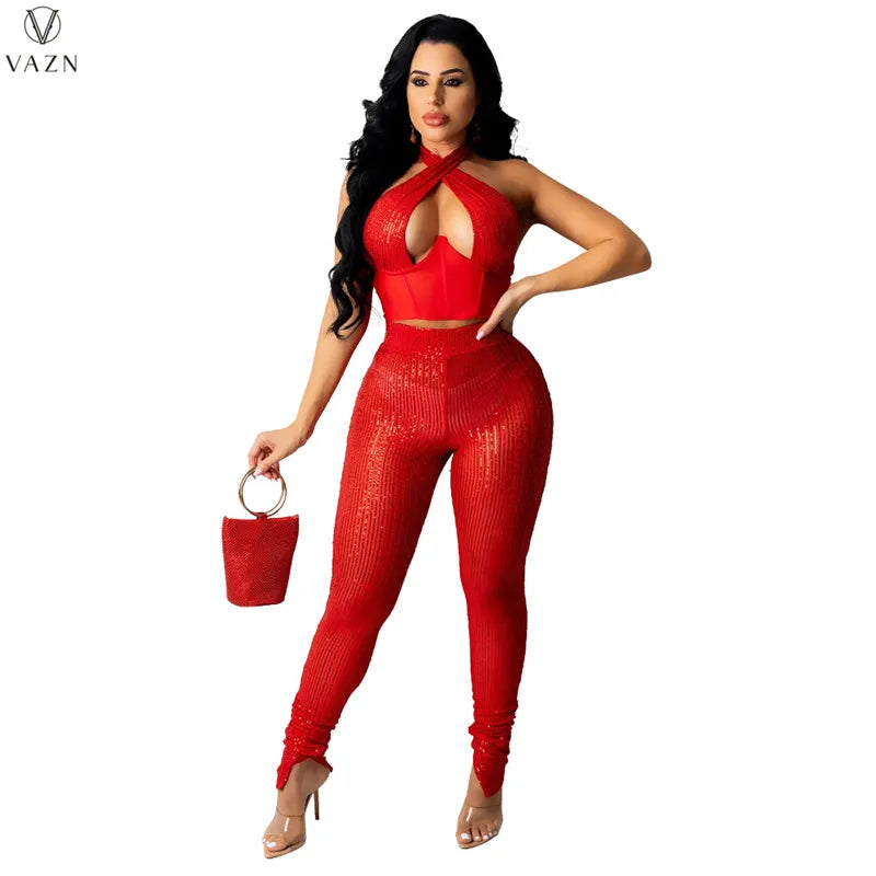 VAZN 2021 New Office Lady Sexy Holiday Style Sets Sleeveless Halter Top Elastic Long Pants Solid Two Piece Sets