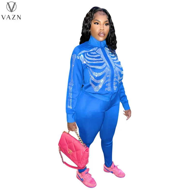 VAZN 2022 Printed Spring Women Suit New Street Casual Style New Long Sleeve Zipper Top Elastic Long Pants Two Piece Sets