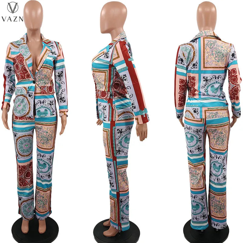 VAZN New 2021 Ladies Spring Fashion Street Casual Style Women Suit Long Sleeve Lapel Top Elastic Long Pants Printed Sets