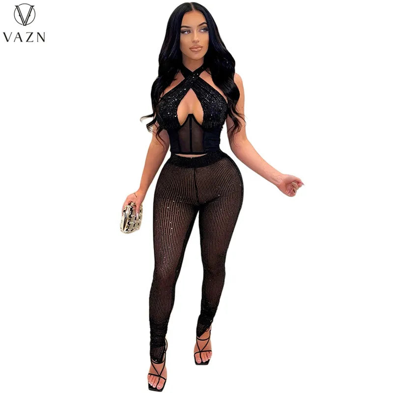 VAZN New 2022  Fashion Sexy Club Party Style Women Suit Sleeveless Dew Waist Elastic Long Pants Pure Color 2 Piece Sets