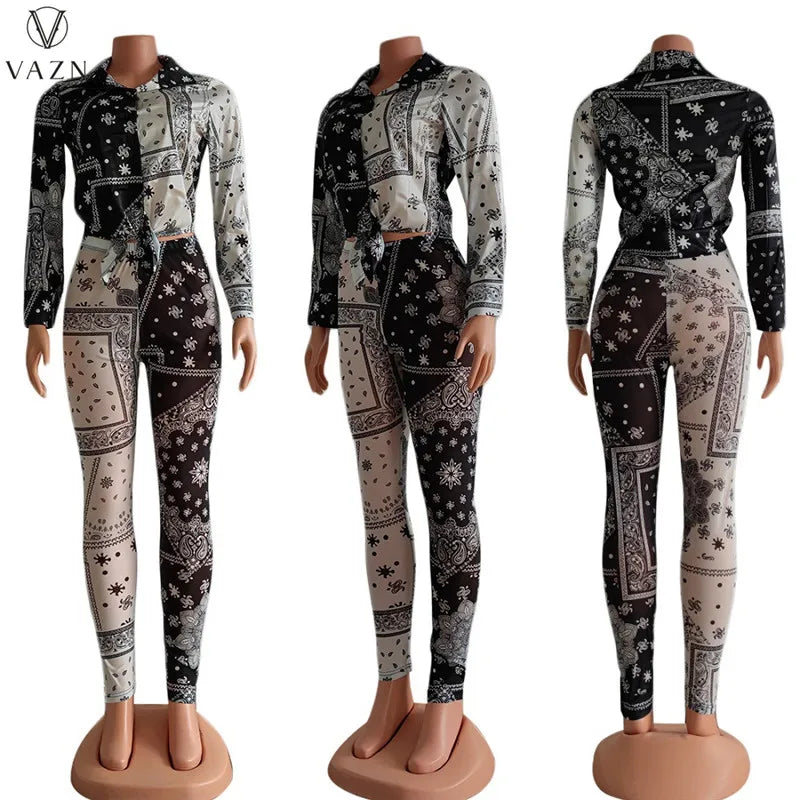 VAZN 2022 Women Suit Fashion Street Casual Style Sets Long Sleeve Lapel Top Elastic Long Pants Printed Two Piece Sets