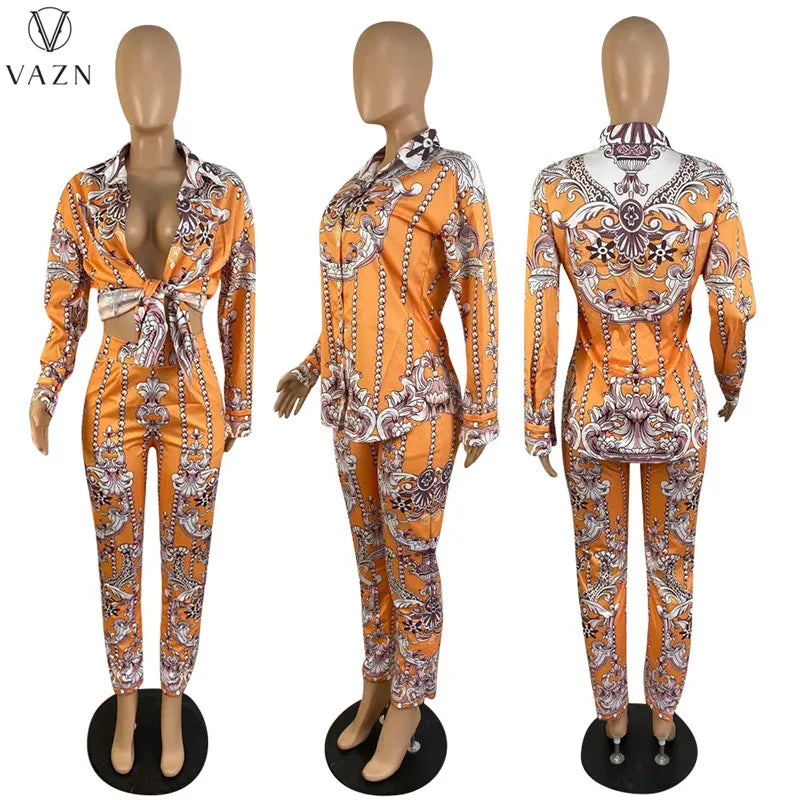 VAZN New 2021 Ladies Spring Fashion Street Casual Style Women Suit Long Sleeve Lapel Top Elastic Long Pants Two Piece Sets