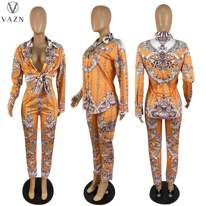 VAZN New 2021 Ladies Spring Fashion Street Casual Style Women Suit Long Sleeve Lapel Top Elastic Long Pants Two Piece Sets