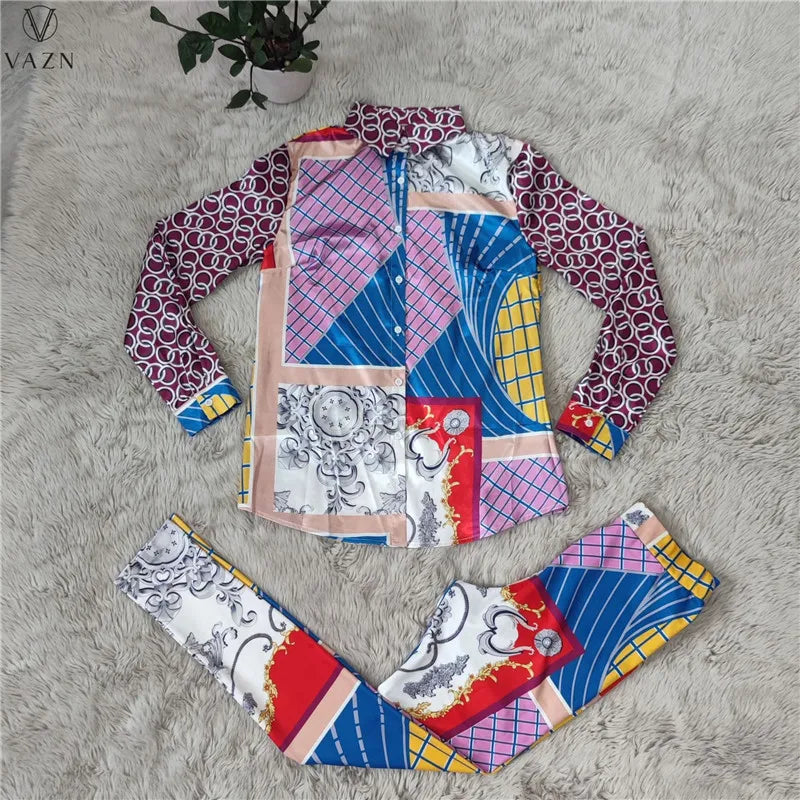 VAZN New 2021 Ladies Spring Fashion Street Casual Style Women Suit Long Sleeve Lapel Top Elastic Long Pants Printed Sets