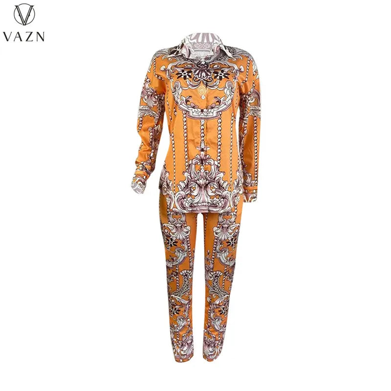 VAZN New 2021 Ladies Spring Fashion Street Casual Style Women Suit Long Sleeve Lapel Top Elastic Long Pants Two Piece Sets