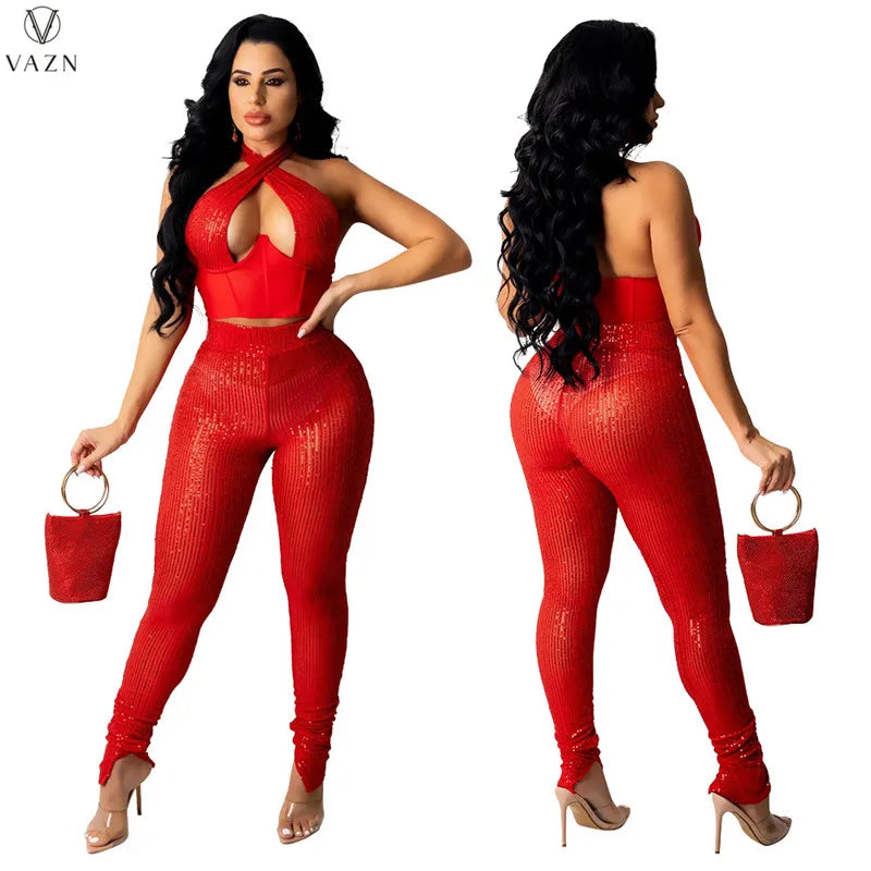 VAZN 2021 New Office Lady Sexy Holiday Style Sets Sleeveless Halter Top Elastic Long Pants Solid Two Piece Sets