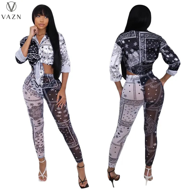 VAZN 2022 Women Suit Fashion Street Casual Style Sets Long Sleeve Lapel Top Elastic Long Pants Printed Two Piece Sets