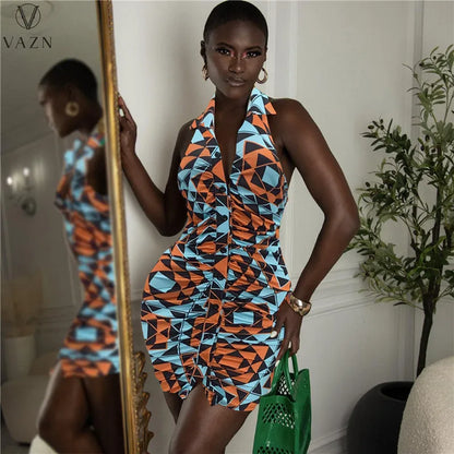 VAZN 2022 Dew Back New Fashion Women Sexy Street Style Short Dress Sleeveless Lapel Dress Printed Mini Short Dress