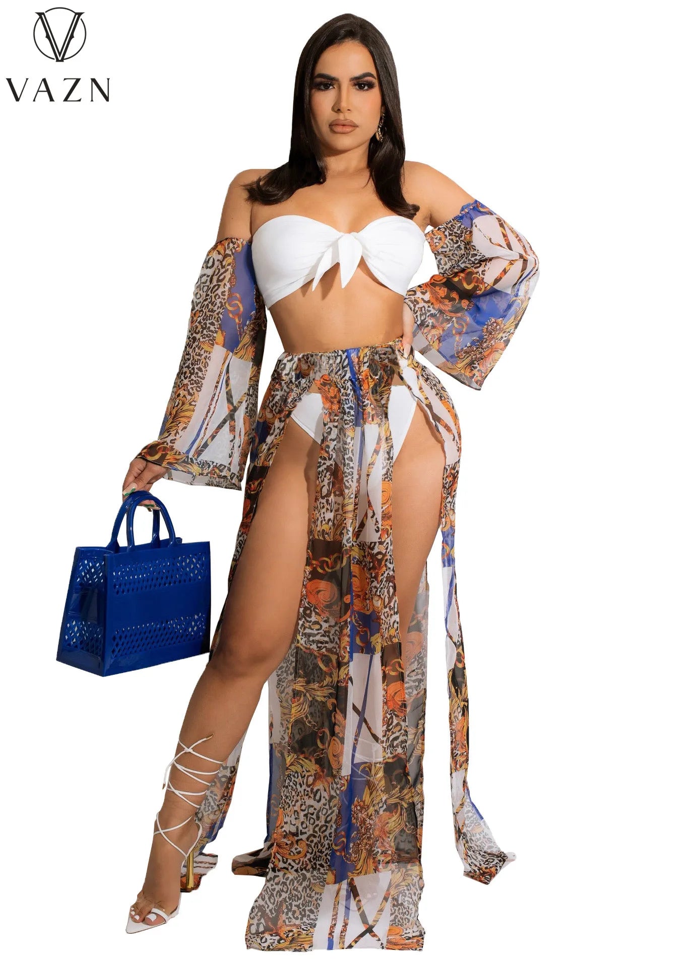 VAZN 2022 New Sexy Holiday Beach Style Women Suit Strapless Bikini Open Fork Floor Length Skirt Printed Sexy Three Piece Set