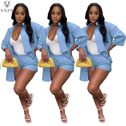 VAZN  2021 New Women Street Casual Style Sets Long Sleeve Lapel Shirt Elastic Short Pants Pure Color Two Piece Sets